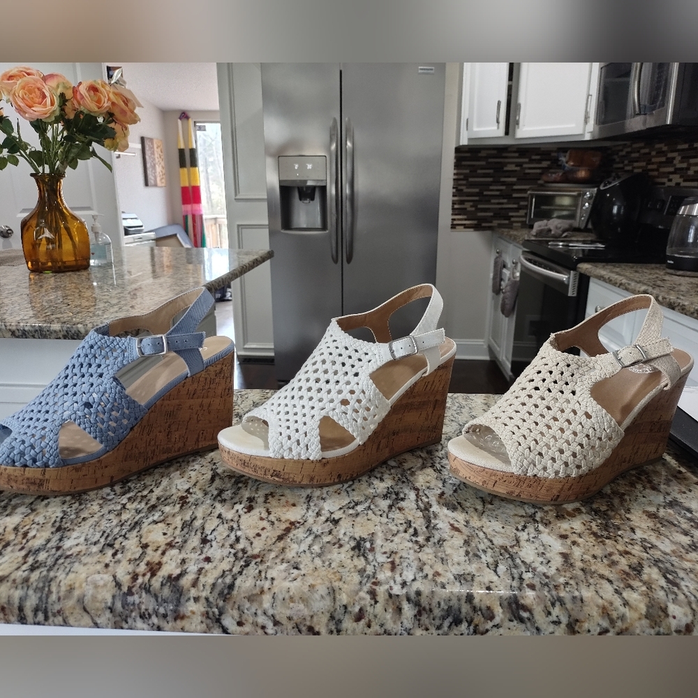 Women shoes beige, blue, and white